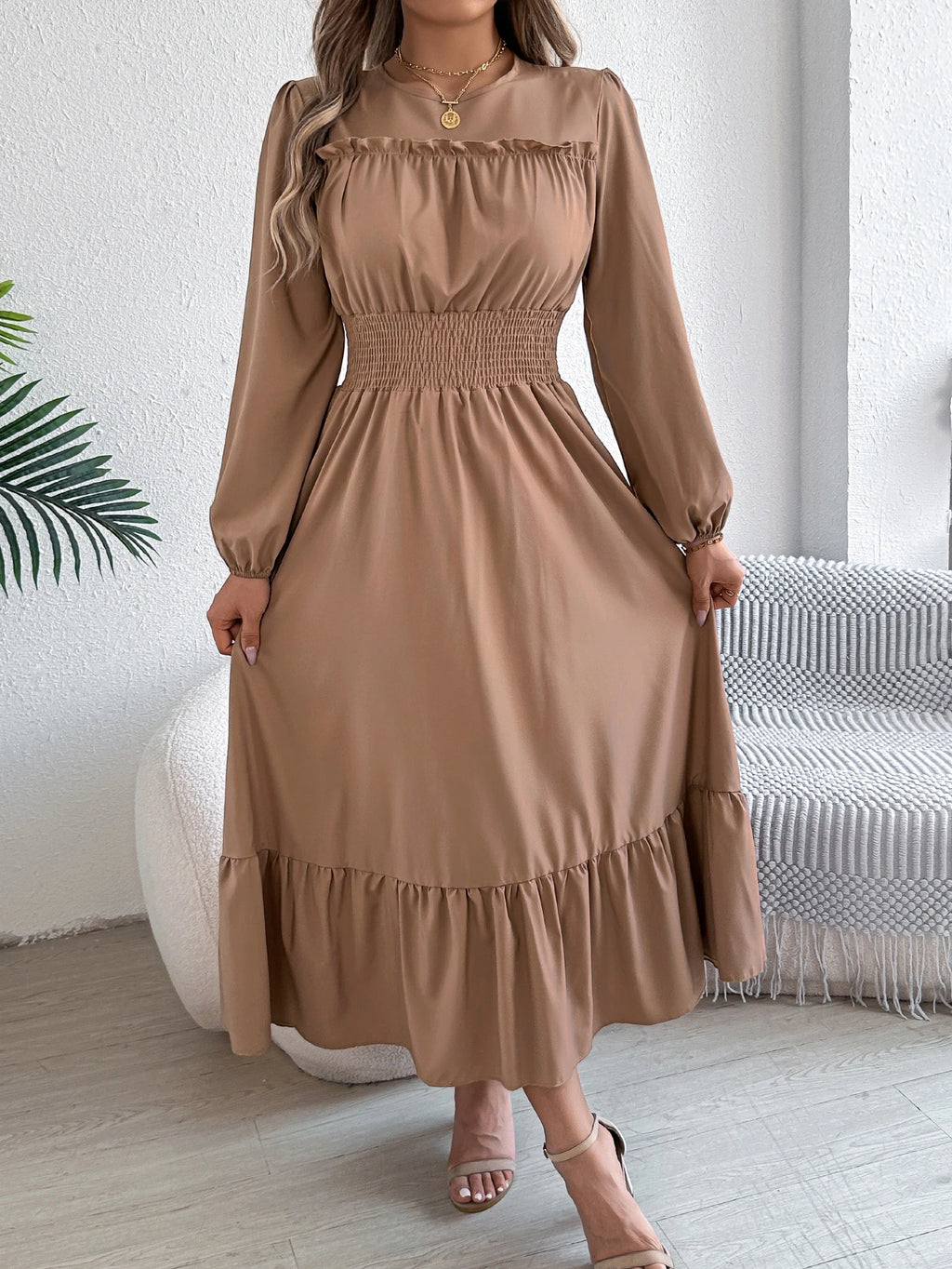 Women's Casual Elegant Round Neck Long Sleeved Waist Cinched Lotus Leaf Edge Dress