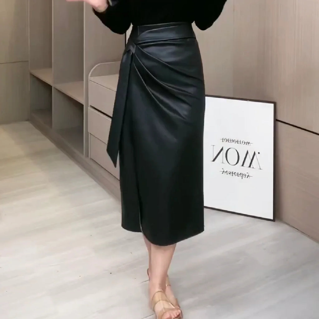 Slim Fit PU Leather Midi Skirt with Sash