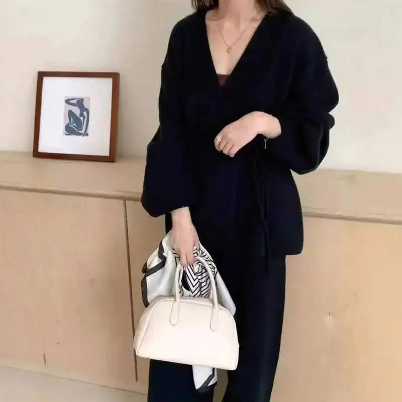 Casual Long Sleeve Sweater And High Waist Trousers Knit Set