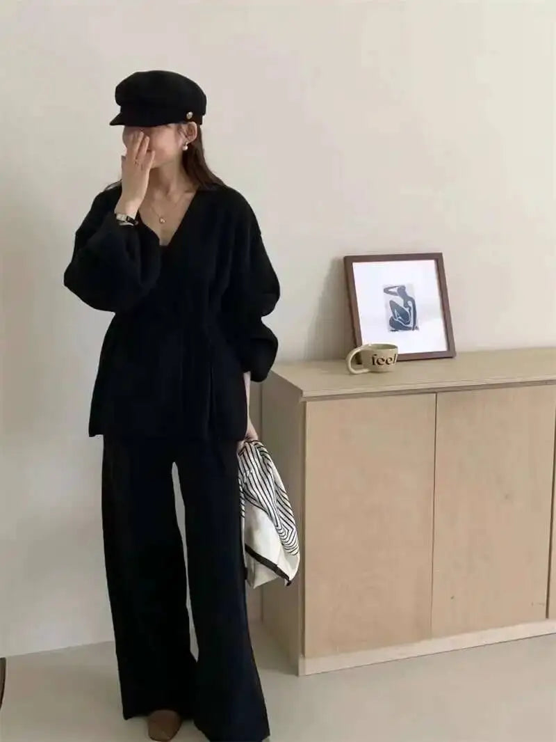 Casual Long Sleeve Sweater And High Waist Trousers Knit Set