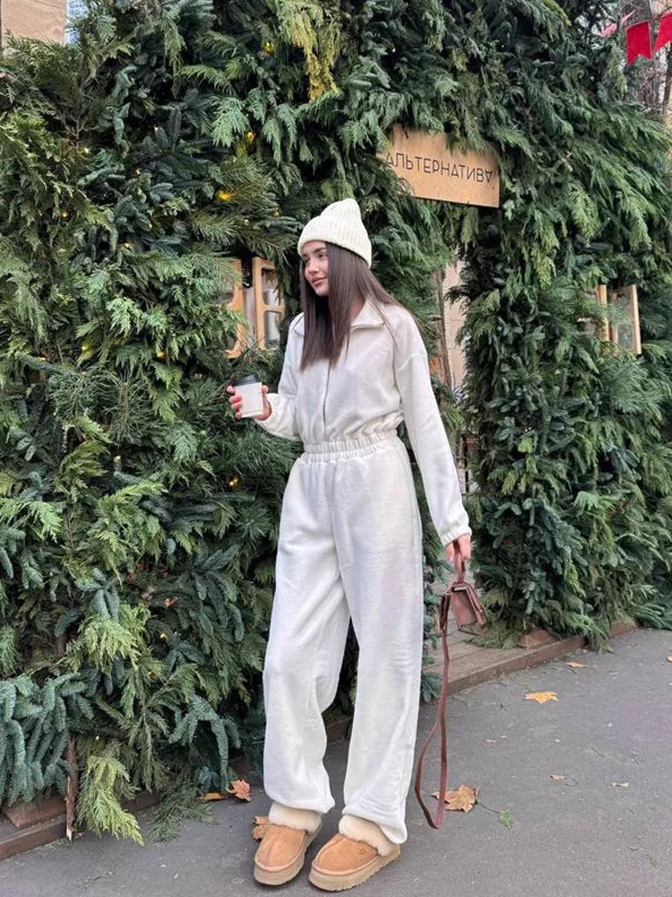 Sporty Long Sleeve Half-Zip Sports Jumpsuit with Lapel