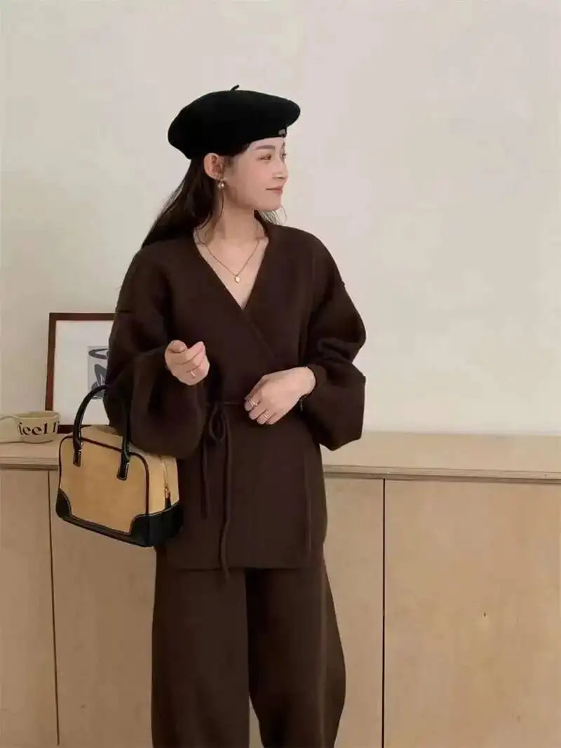 Casual Long Sleeve Sweater And High Waist Trousers Knit Set