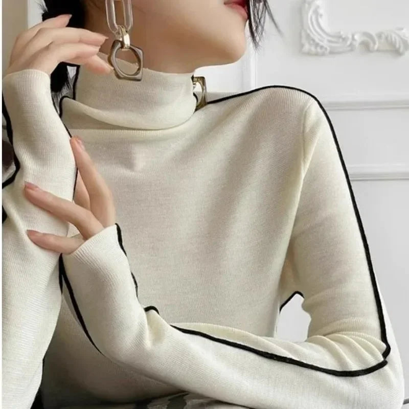 Long Sleeve Knit Turtleneck with Striped Sleeves Sweater Top