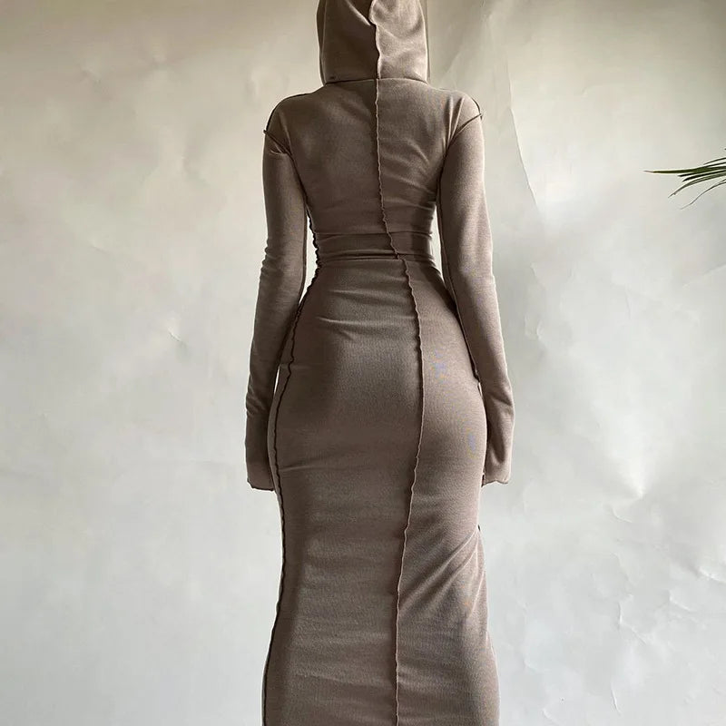 Long Sleeve Hooded Patchwork Skinny Maxi Dress