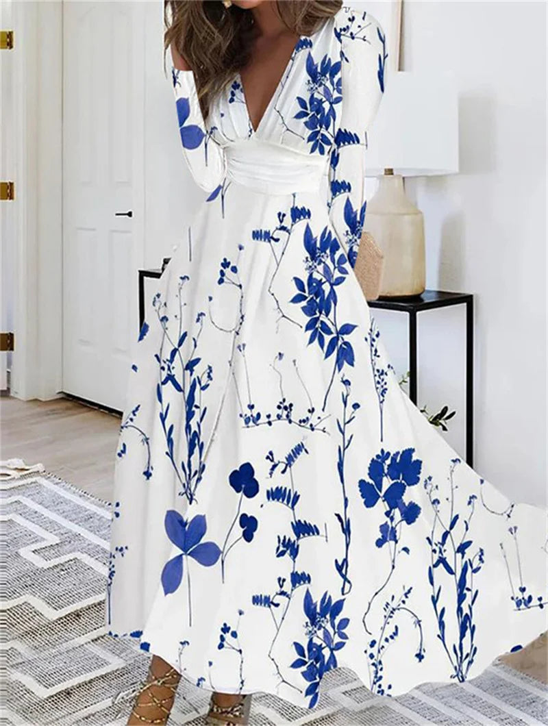 Elegant Long Sleeved Floral Print Long Dresses