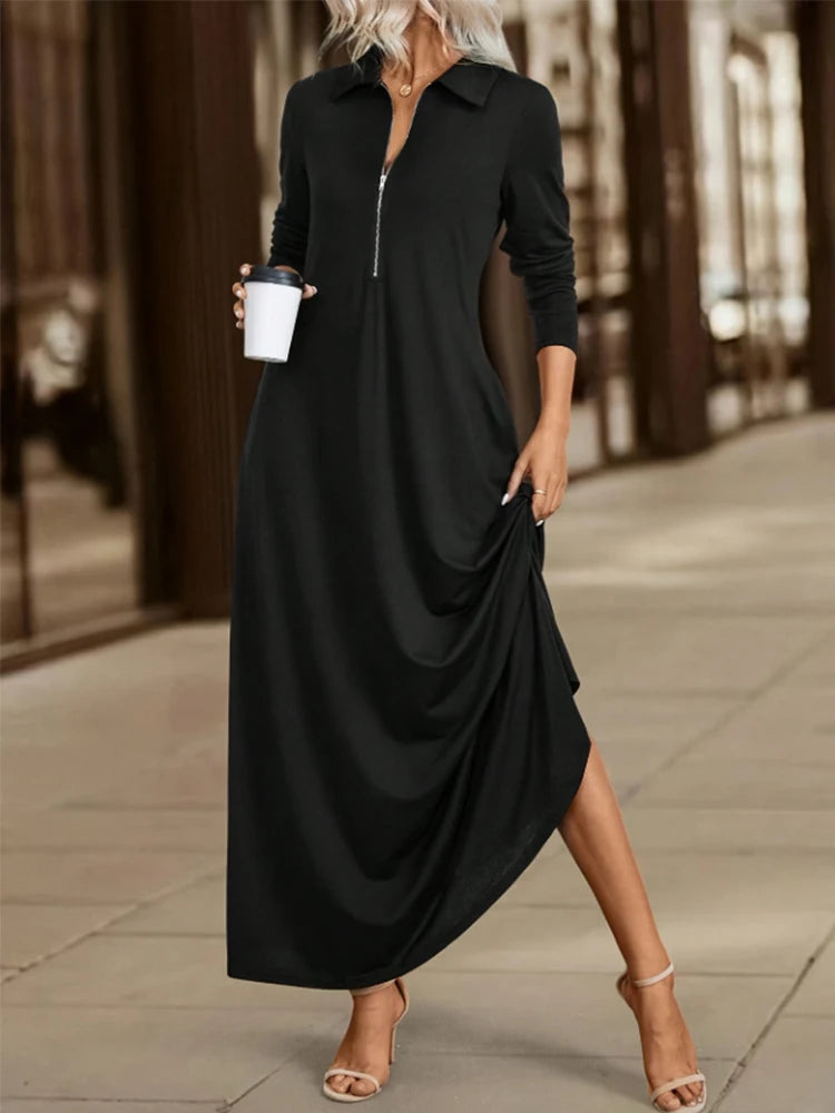 Elegant Solid Maxi with Long Sleeve Shirt Dress