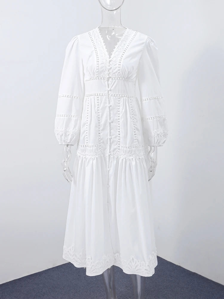 Lace Cut Out Long Puff Sleeve Maxi Dress