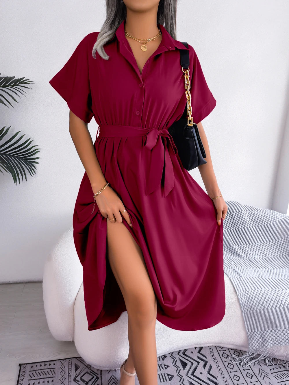 Women's Turn Down Collar Lace Up Dress