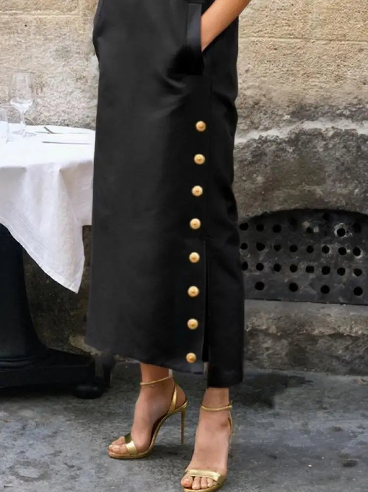 Vintage Black Standing Collar Buttoned Slit Evening Dress