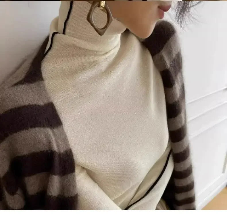 Long Sleeve Knit Turtleneck with Striped Sleeves Sweater Top
