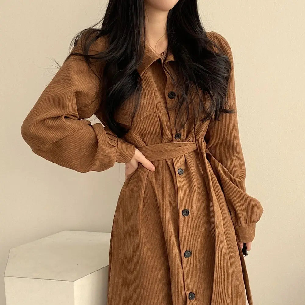 Retro Lapels Single-breasted Waist Dress
