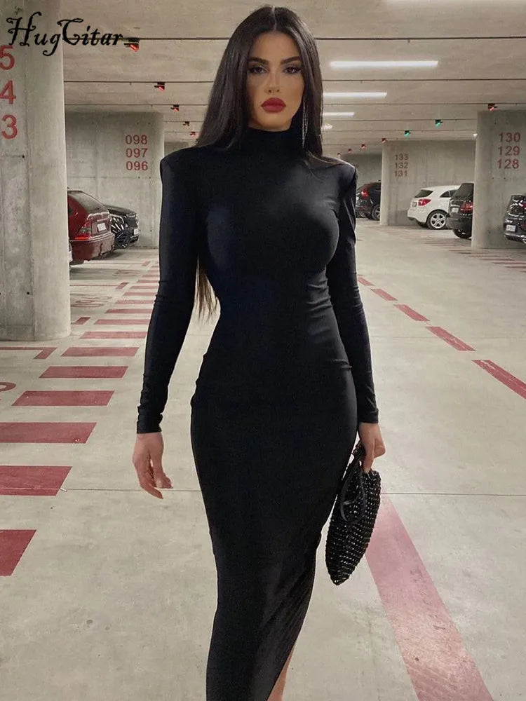 Long Sleeve Turtleneck Black Bodycon Maxi Dress