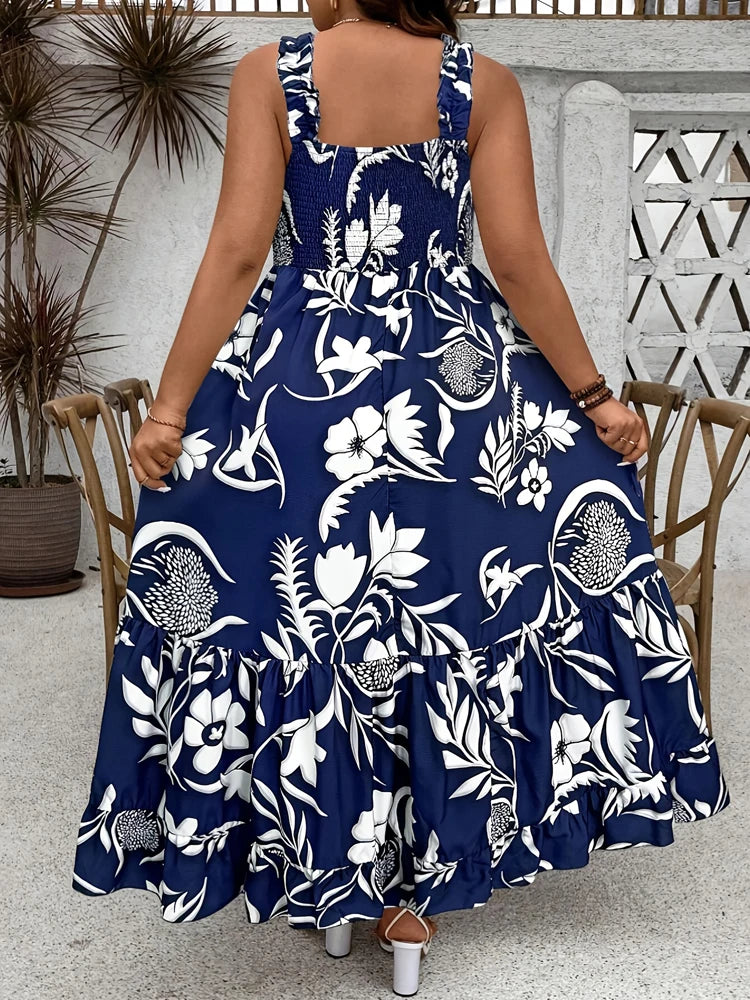 Plus Size Summer Floral Halter Dress with Ruffle Hem