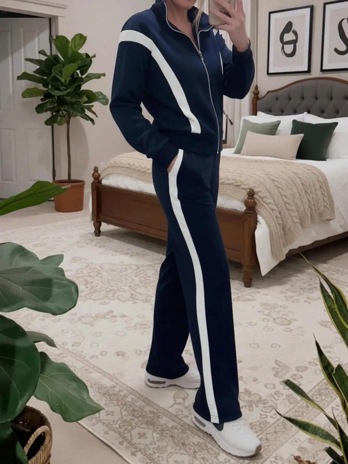 Women's Navy Blue & White Contrast Stripe 2-Piece Track Suit Set