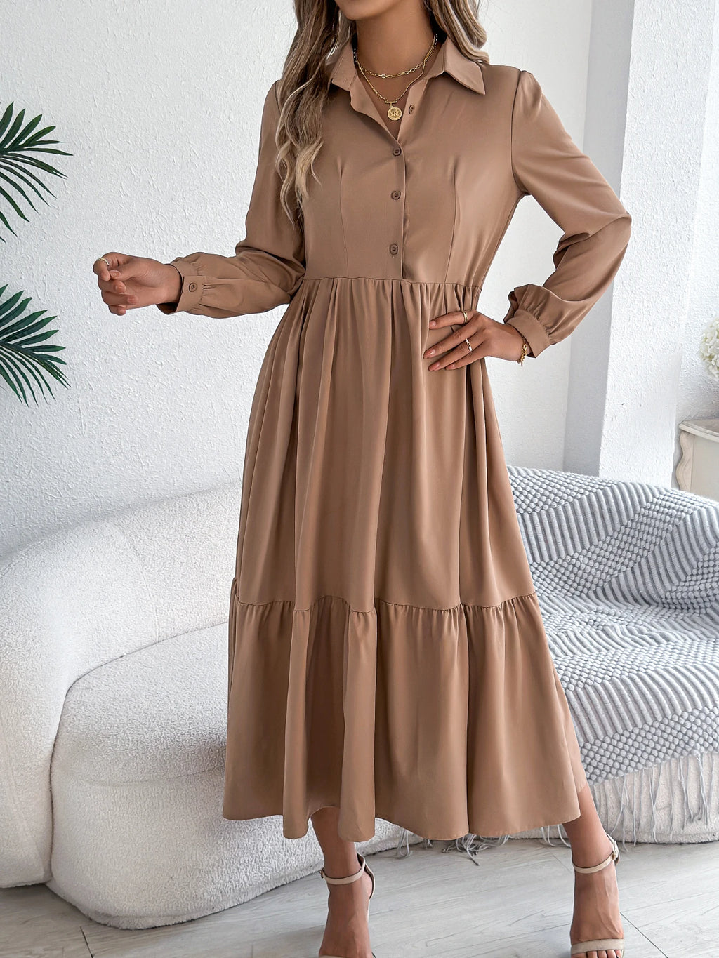 Women's Casual Button Down Long Sleeved Dress