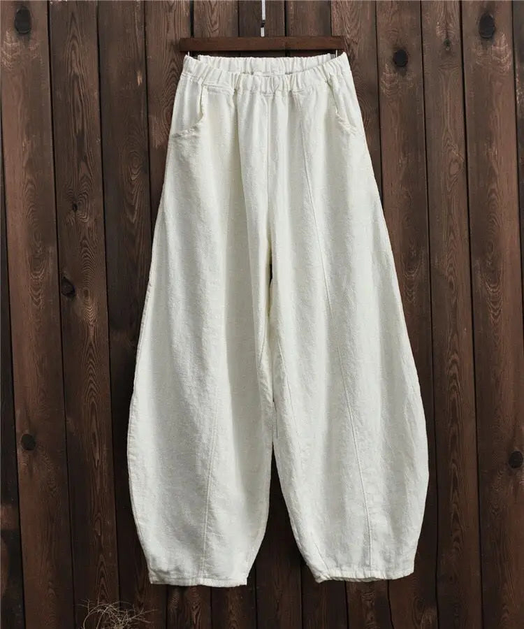 Women's Cotton Linen Wide Leg Pants with Elastic Waist