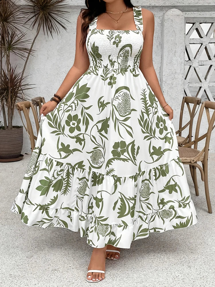 Plus Size Summer Floral Halter Dress with Ruffle Hem