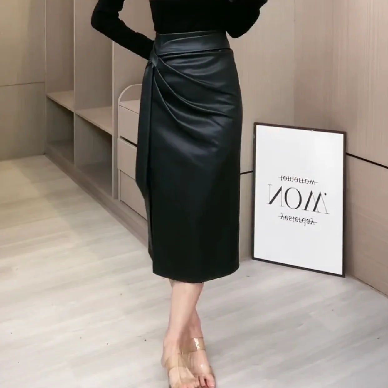 Slim Fit PU Leather Midi Skirt with Sash