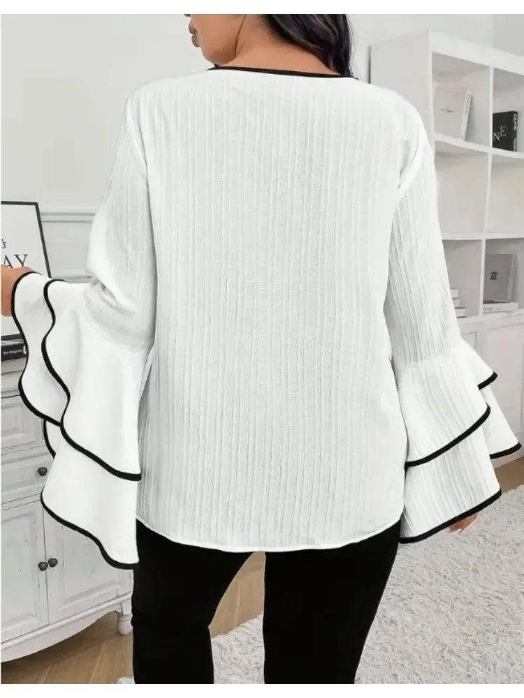 Plus-SizedWomen's Relaxed Loose Solid Color Crew-neck with Flared Long-Sleeved Top