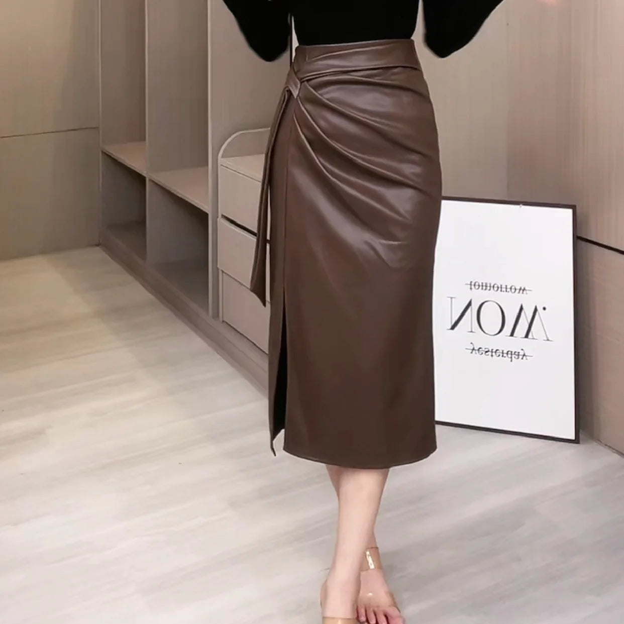 Slim Fit PU Leather Midi Skirt with Sash