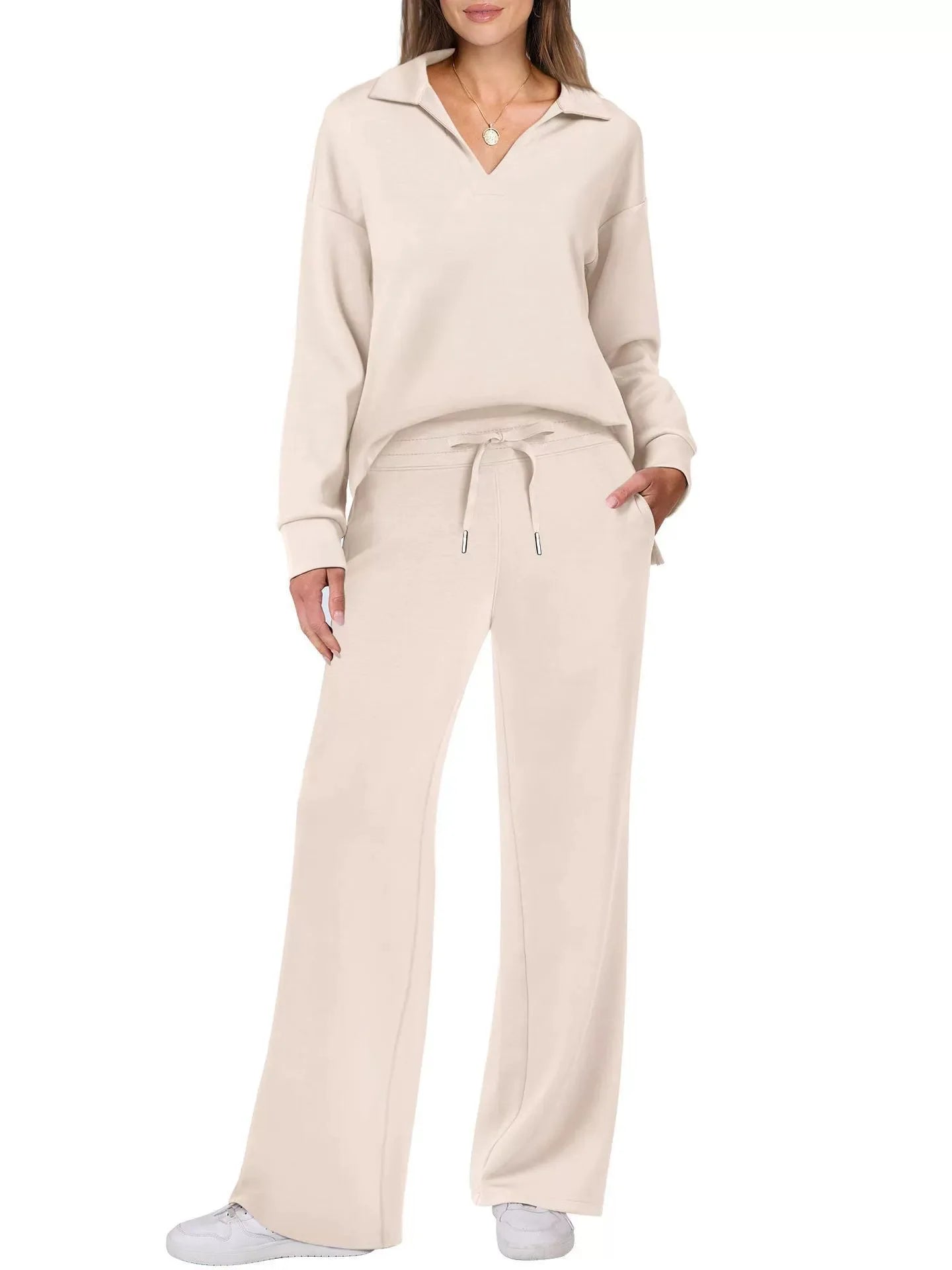 Loose V-neck Long-sleeved Top with Drawstring Design Elastic Waist Flared Long Trousers Two Pieces