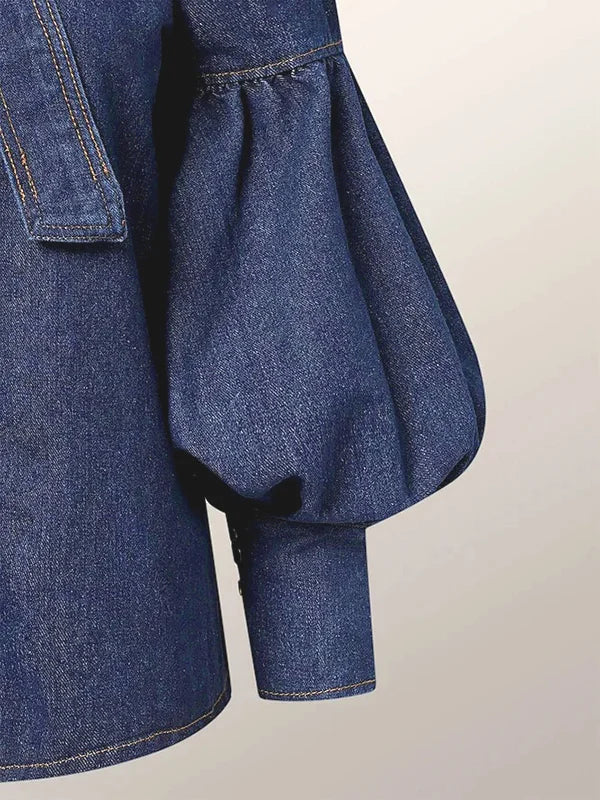 Denim Blouse with Long Puff Sleeves and Bow