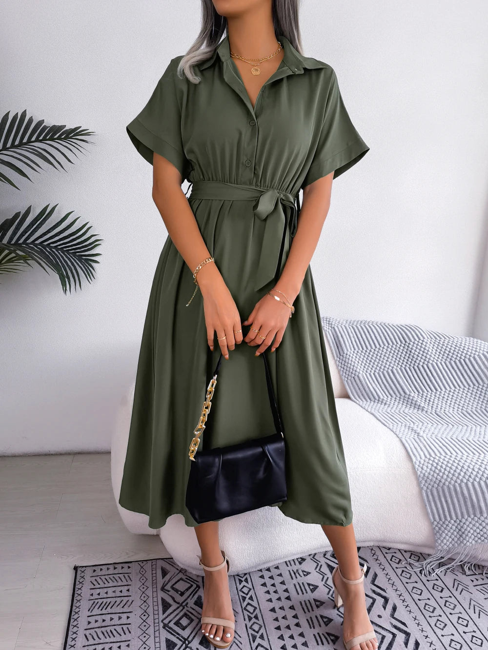 Women's Turn Down Collar Lace Up Dress