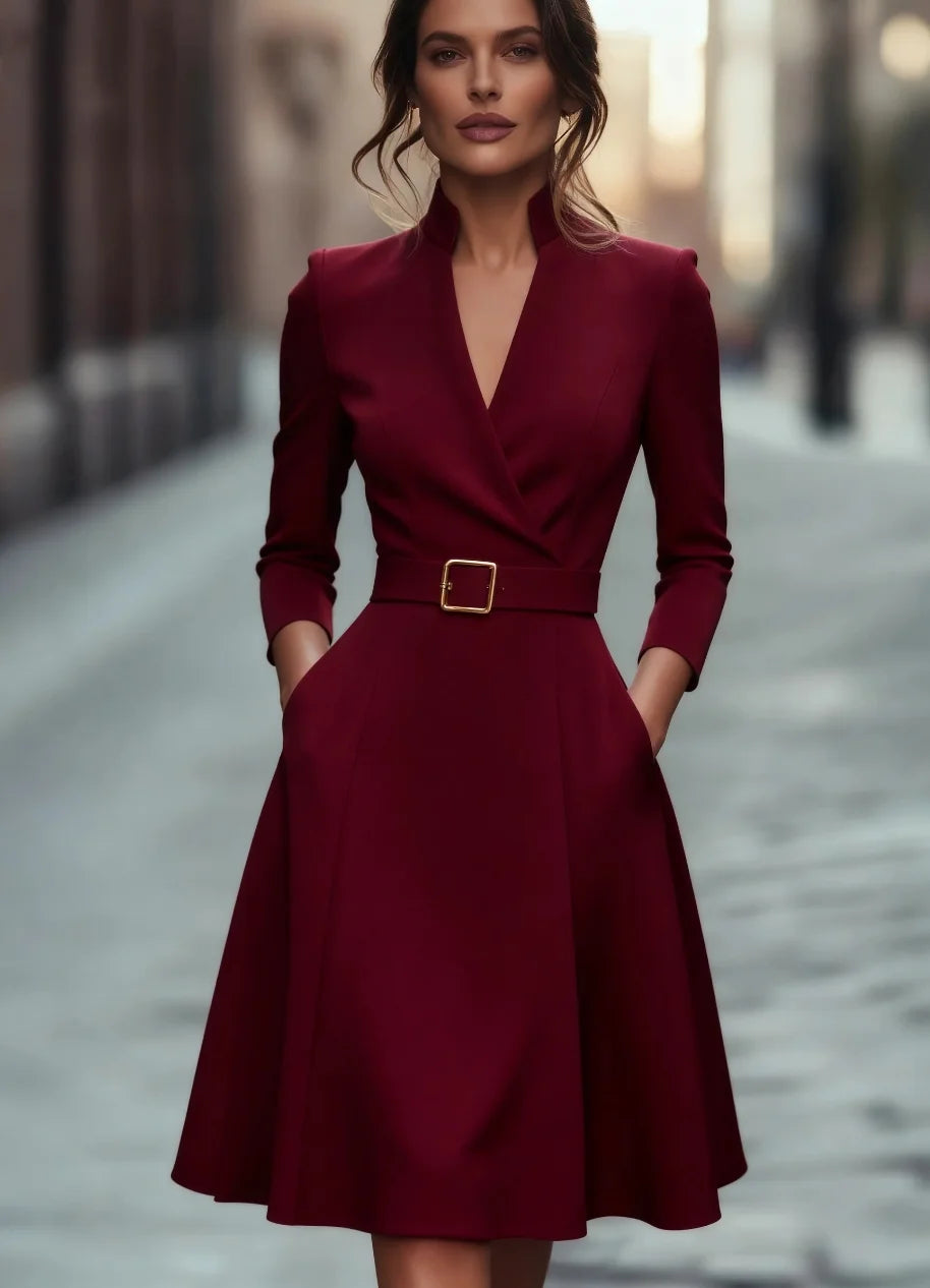 Waist slimming V-neck long-sleeved belted A-shaped dress