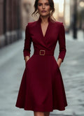 Waist slimming V-neck long-sleeved belted A-shaped dress