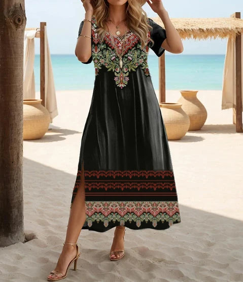 Plus Size Women's Bohemian Floral Print Short Sleeved Dress