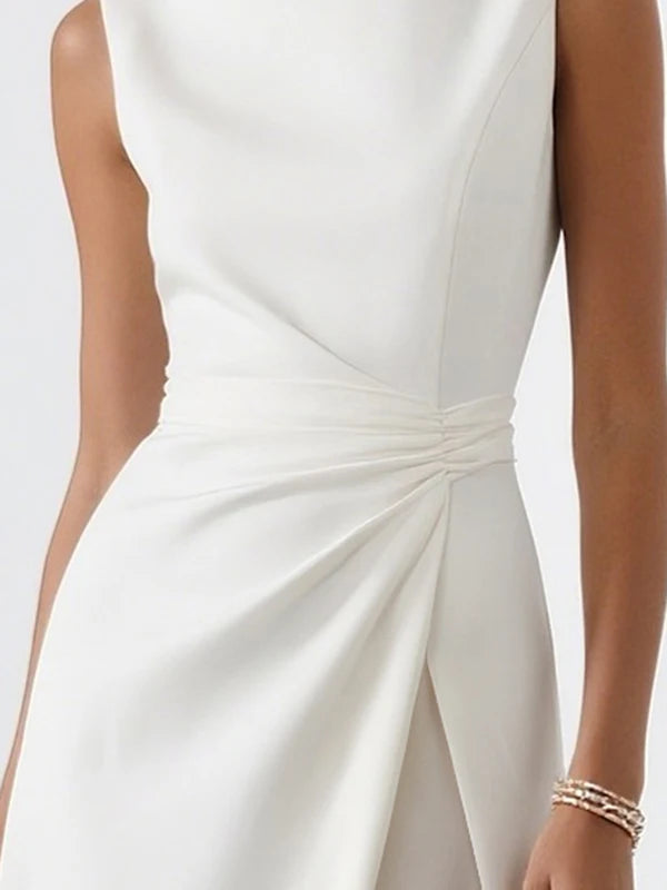 White Pleated Sleeveless A-Line Maxi Dress