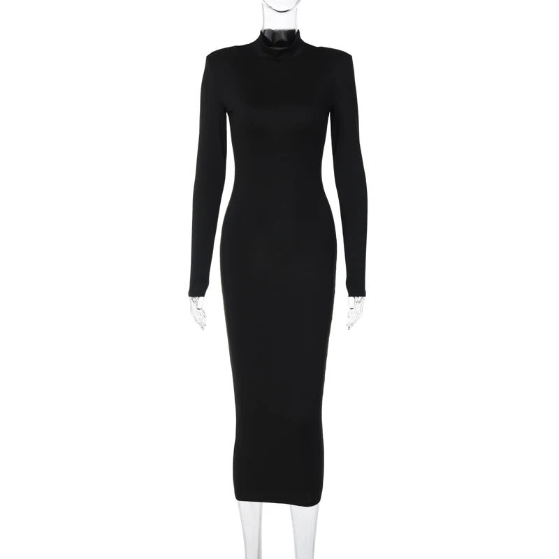 Long Sleeve Turtleneck Black Bodycon Maxi Dress