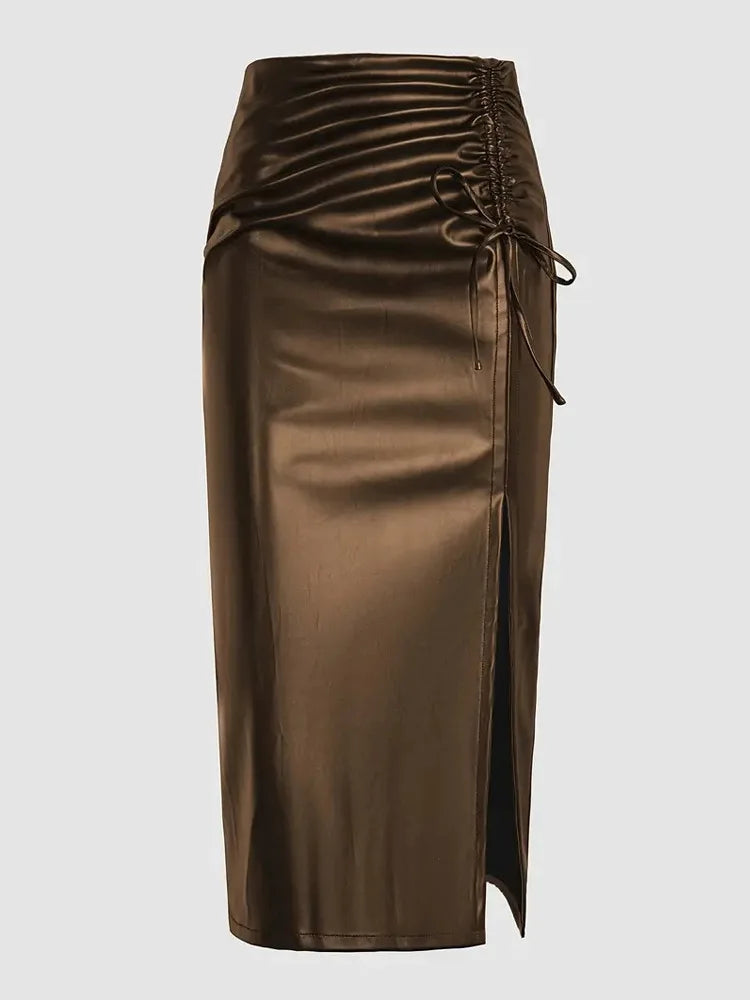 Slim fit, High Waist Split Mid-Length Pu Leather Skirt