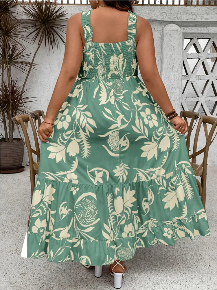 Plus Size Summer Floral Halter Dress with Ruffle Hem