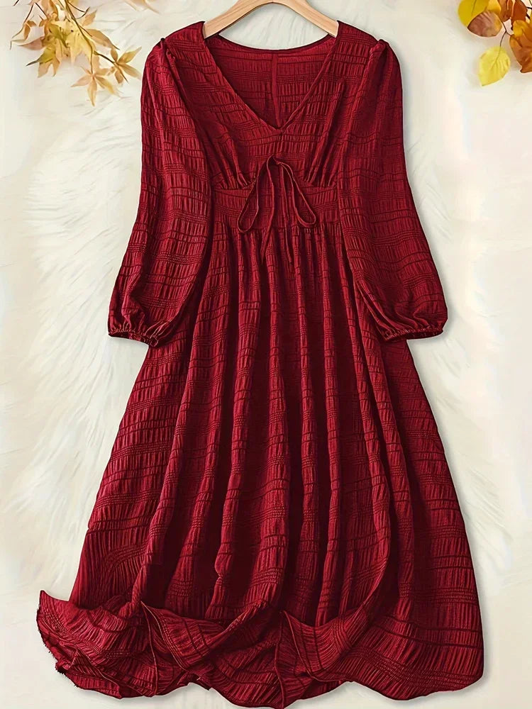 Plus Size Women's  Dress with Textured Lantern Sleeves and V-Neck Tie Front Midi Dress