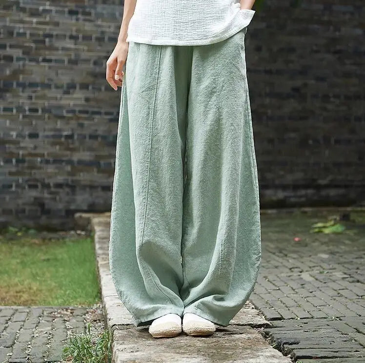 Women's Cotton Linen Wide Leg Pants with Elastic Waist