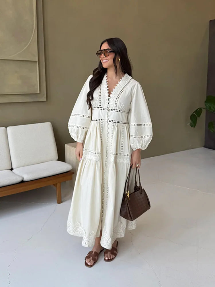 Lace Cut Out Long Puff Sleeve Maxi Dress