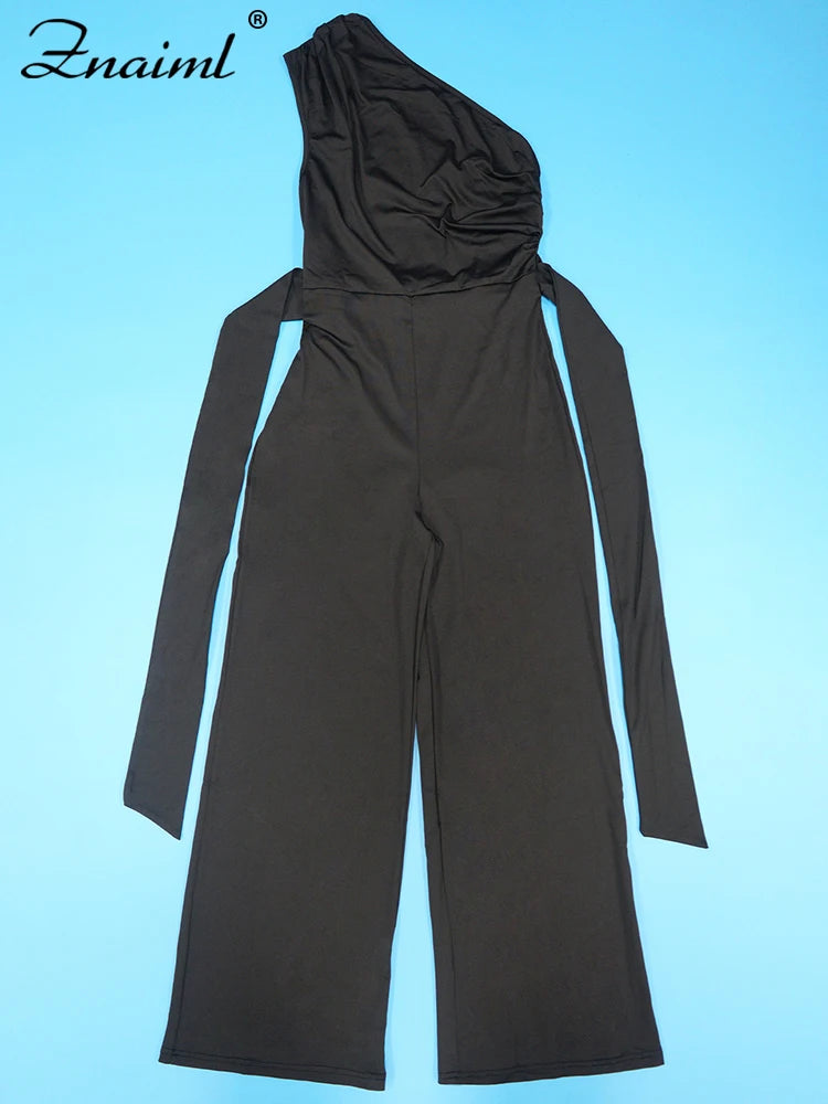 Diagonal Collar Sleeveless Jumpsuit with Wide-Legs