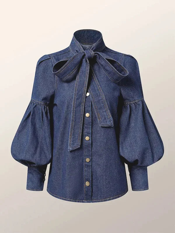 Denim Blouse with Long Puff Sleeves and Bow