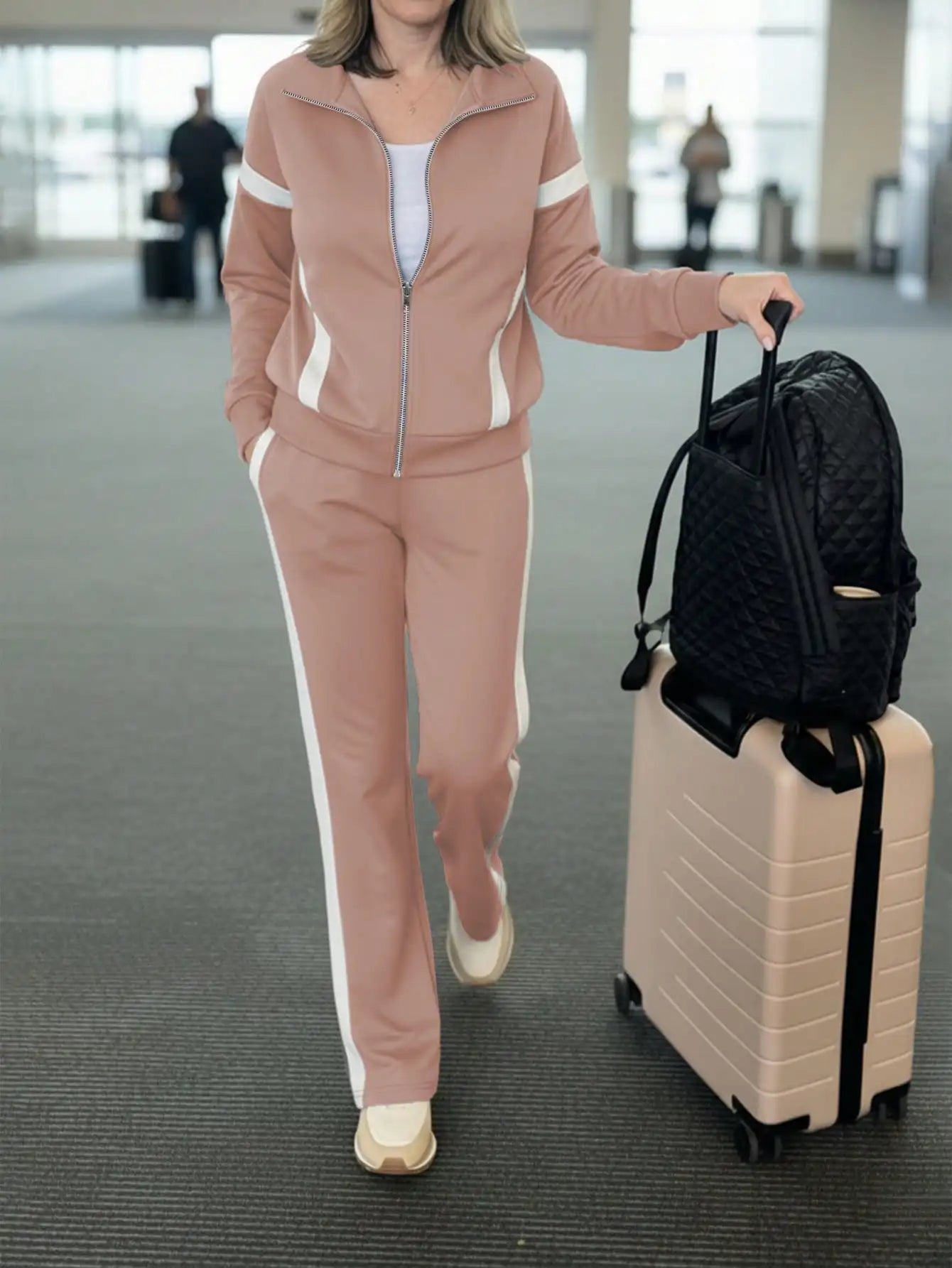 Women's Navy Blue & White Contrast Stripe 2-Piece Track Suit Set