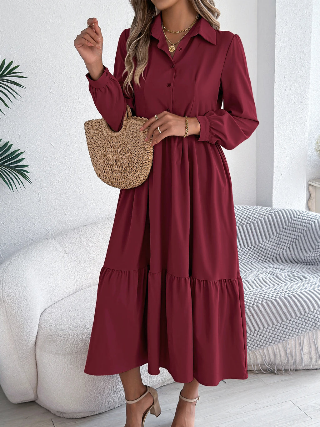 Women's Casual Button Down Long Sleeved Dress