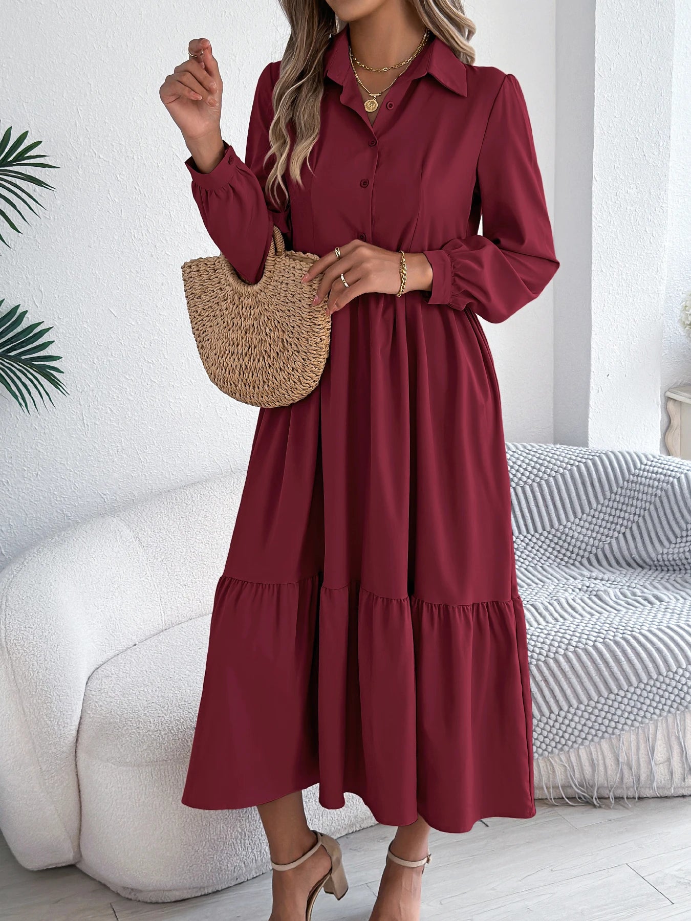 Women's Casual Button Down Long Sleeved Dress