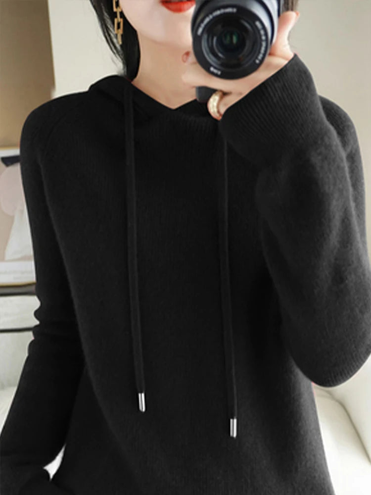 Merino Wool Blend Long Sleeve Hooded Pullover Sweater