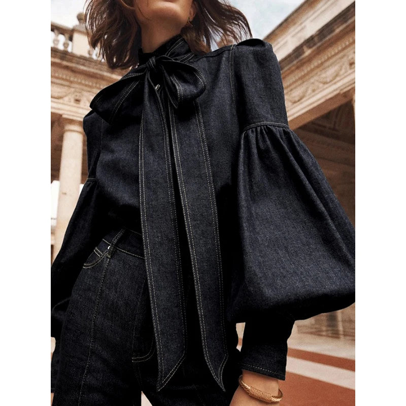 Denim Blouse with Long Puff Sleeves and Bow
