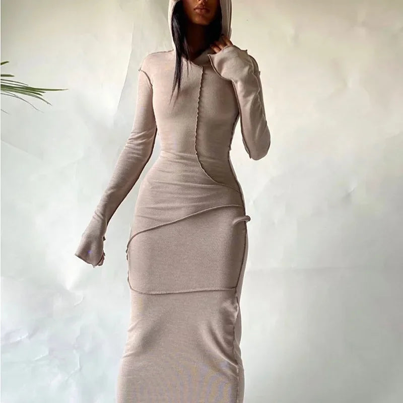 Long Sleeve Hooded Patchwork Skinny Maxi Dress