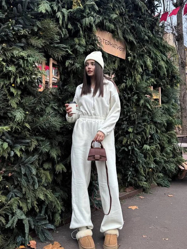 Sporty Long Sleeve Half-Zip Sports Jumpsuit with Lapel