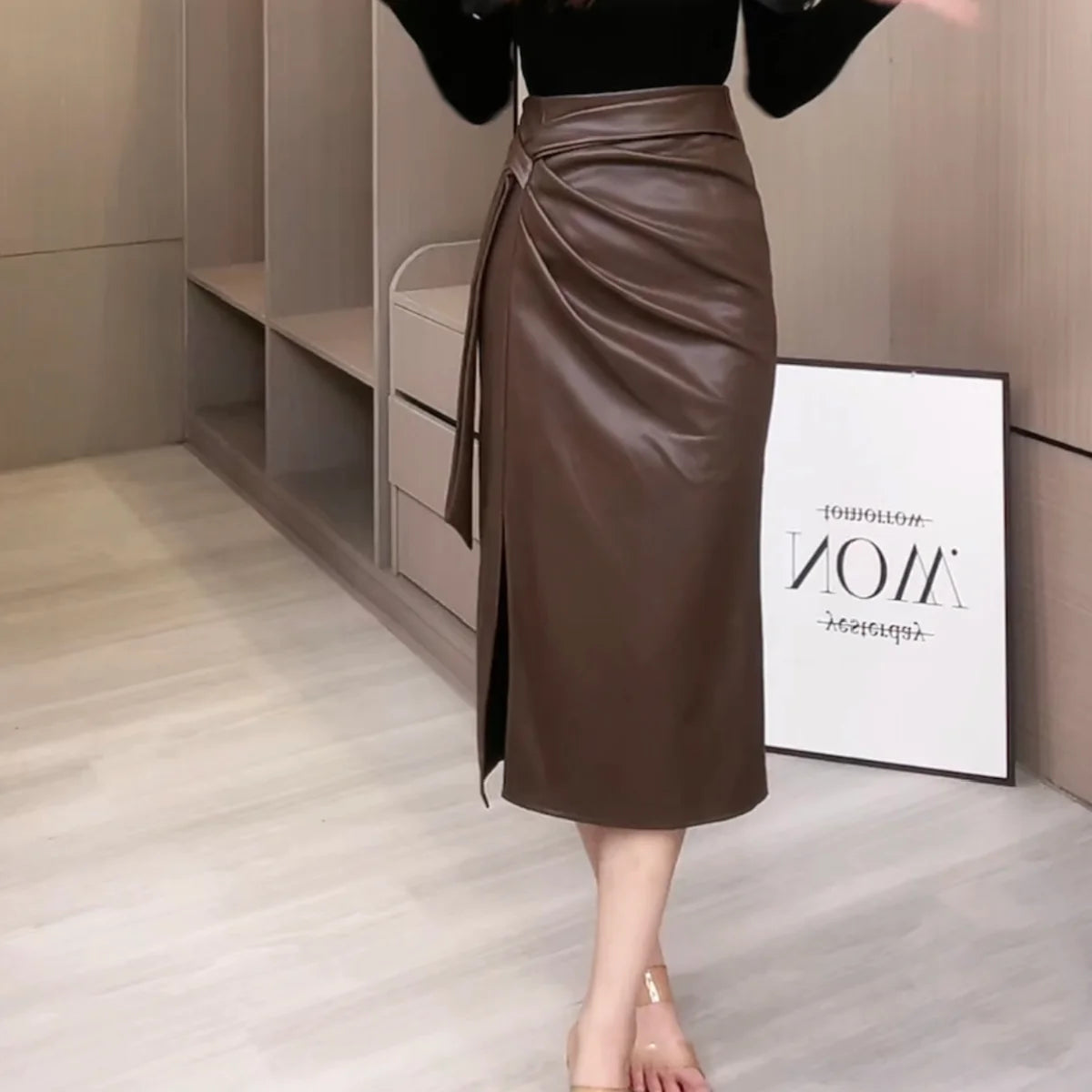 Slim Fit PU Leather Midi Skirt with Sash
