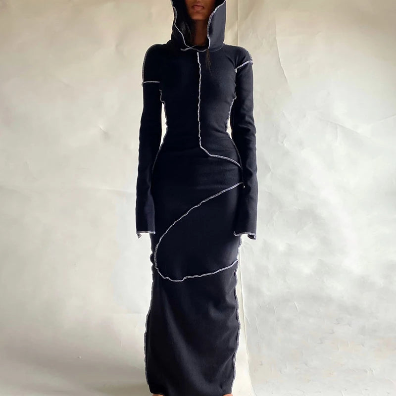 Long Sleeve Hooded Patchwork Skinny Maxi Dress