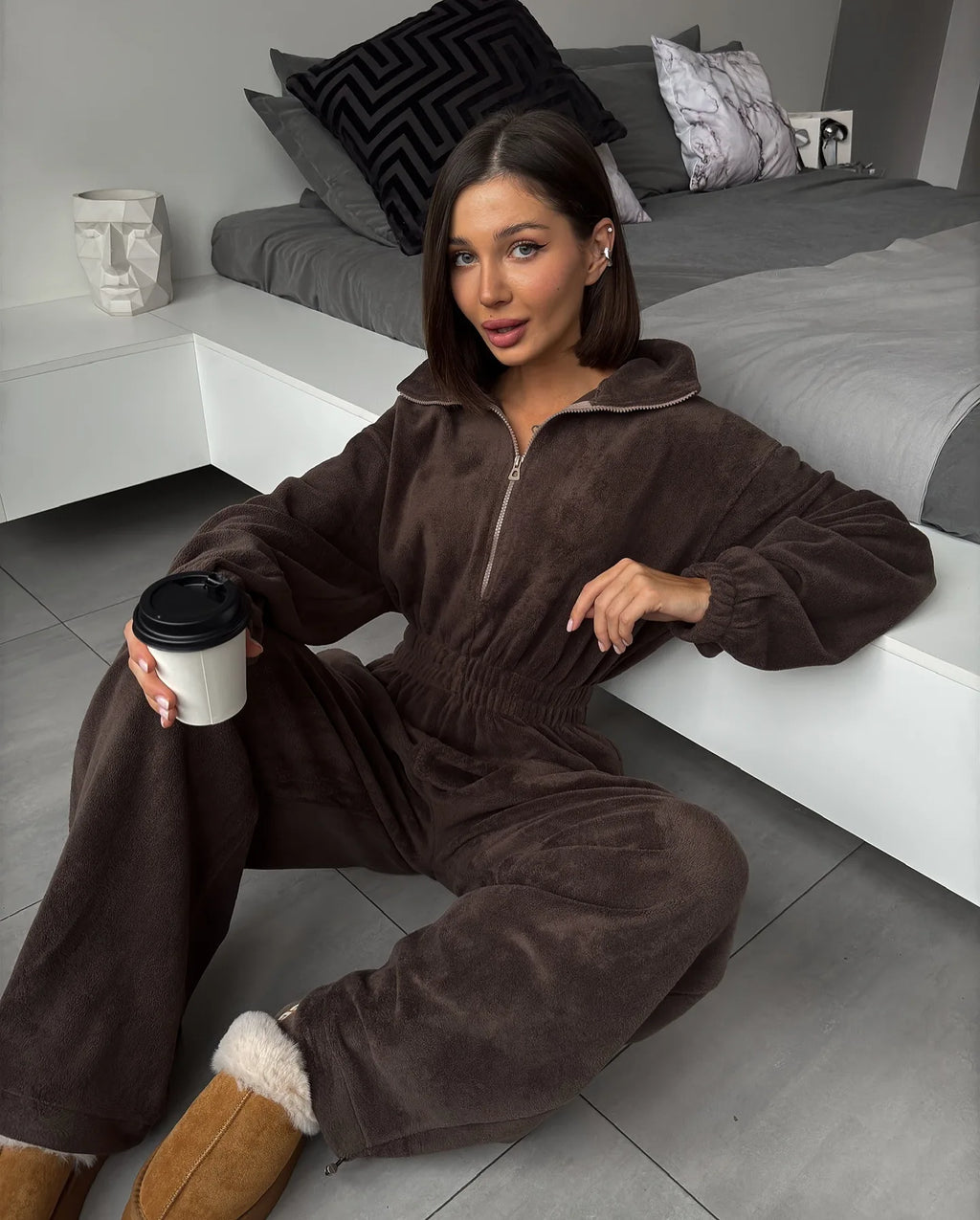 Sporty Long Sleeve Half-Zip Sports Jumpsuit with Lapel