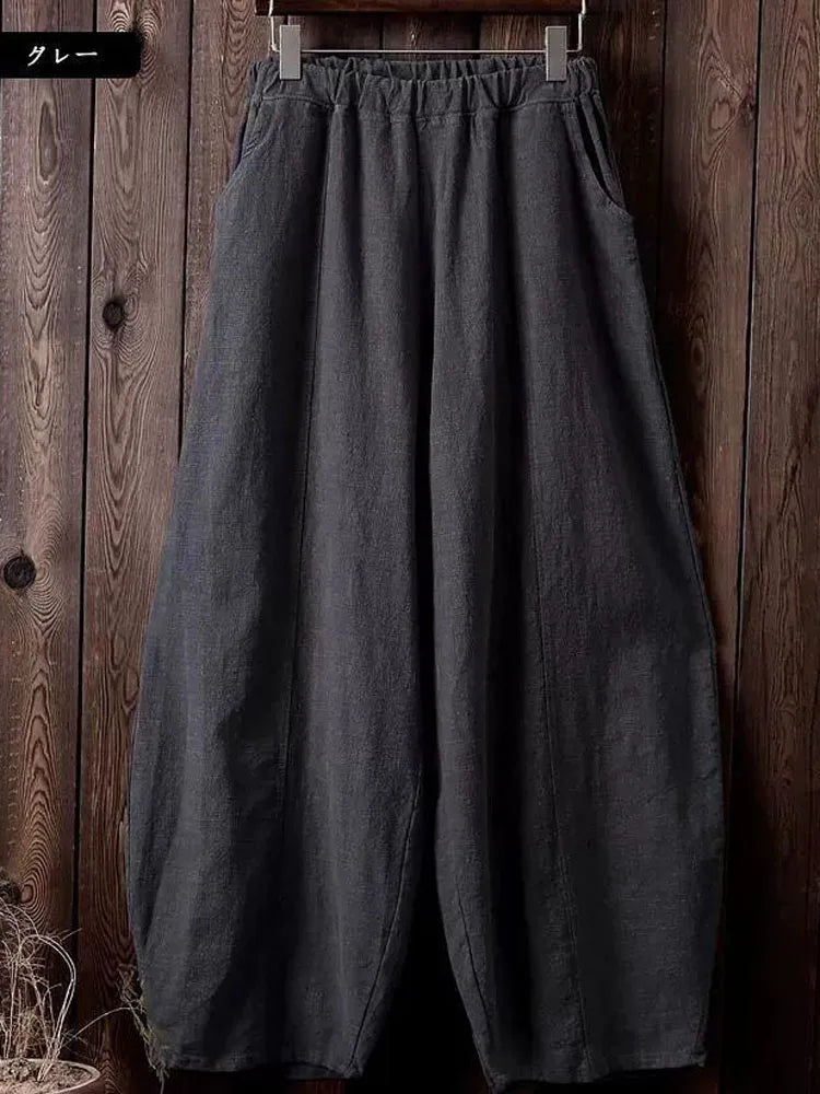 Women's Cotton Linen Wide Leg Pants with Elastic Waist
